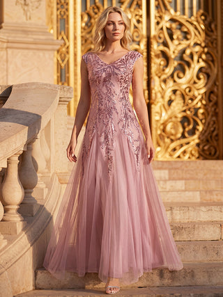 Strapless V-Neck A-Line Floor Length Embroidered Evening Dresses