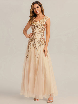 Strapless V-Neck A-Line Floor Length Embroidered Evening Dresses