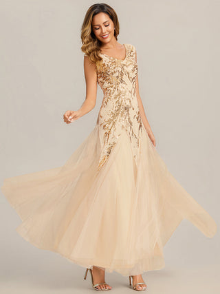 Strapless V-Neck A-Line Floor Length Embroidered Evening Dresses
