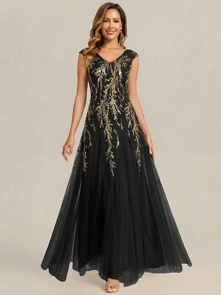 Strapless V-Neck A-Line Floor Length Embroidered Evening Dresses