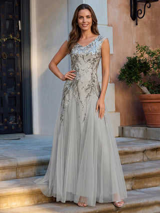 Strapless V-Neck A-Line Floor Length Embroidered Evening Dresses