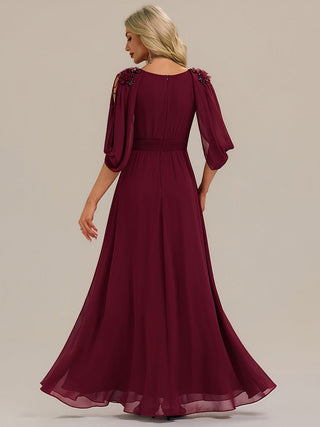 Half Sleeve Deep V-Neck A-Line Floor Length Beaded Evening Dresses (New SKU EE02590)