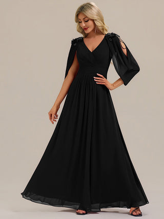 Half Sleeve Deep V-Neck A-Line Floor Length Beaded Evening Dresses (New SKU EE02590)