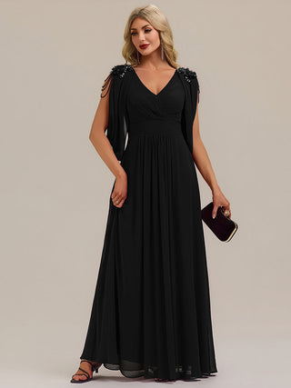 Half Sleeve Deep V-Neck A-Line Floor Length Beaded Evening Dresses (New SKU EE02590)