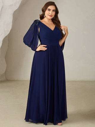 Half Sleeve Deep V-Neck A-Line Floor Length Beaded Evening Dresses (New SKU EE02590)