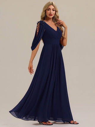 Half Sleeve Deep V-Neck A-Line Floor Length Beaded Evening Dresses (New SKU EE02590)
