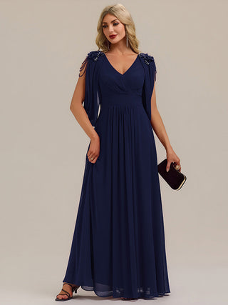 Half Sleeve Deep V-Neck A-Line Floor Length Beaded Evening Dresses (New SKU EE02590)
