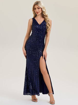 Strapless V-Neck Sequin Fishtail Floor Length Evening Dresses