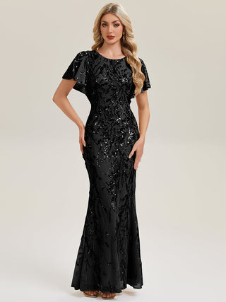Short Sleeve Sequin Fishtail High Stretch Round Neck Evening Dresses