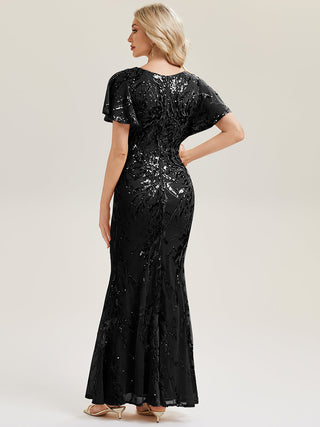 Short Sleeve Sequin Fishtail High Stretch Round Neck Evening Dresses