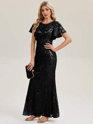 Short Sleeve Sequin Fishtail High Stretch Round Neck Evening Dresses