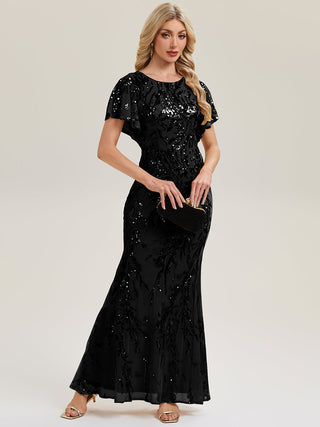 Short Sleeve Sequin Fishtail High Stretch Round Neck Evening Dresses