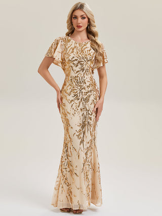 Short Sleeve Sequin Fishtail High Stretch Round Neck Evening Dresses