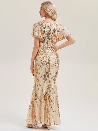 Short Sleeve Sequin Fishtail High Stretch Round Neck Evening Dresses