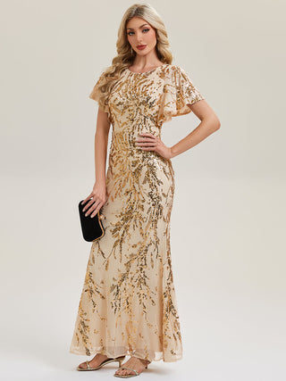 Short Sleeve Sequin Fishtail High Stretch Round Neck Evening Dresses