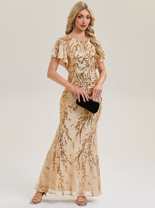 Short Sleeve Sequin Fishtail High Stretch Round Neck Evening Dresses