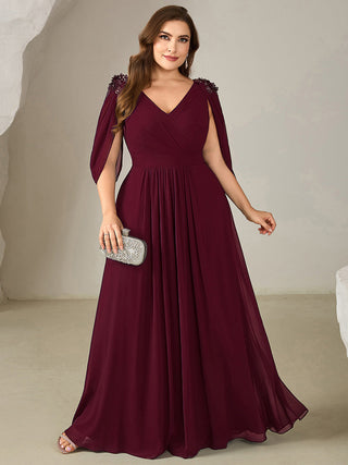 Half Sleeve Deep V-Neck Appliques A-Line Floor Length Evening Dresses