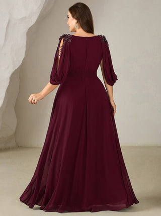 Half Sleeve Deep V-Neck Appliques A-Line Floor Length Evening Dresses