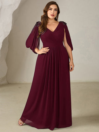 Half Sleeve Deep V-Neck Appliques A-Line Floor Length Evening Dresses