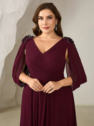 Half Sleeve Deep V-Neck Appliques A-Line Floor Length Evening Dresses