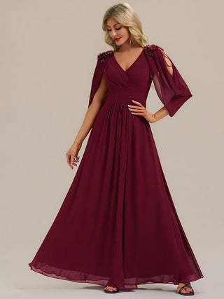 Half Sleeve Deep V-Neck Appliques A-Line Floor Length Evening Dresses