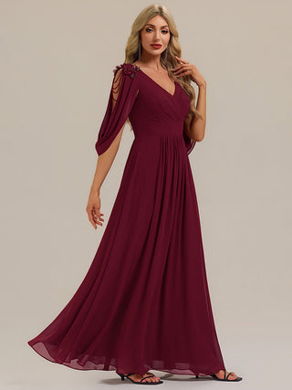 Half Sleeve Deep V-Neck Appliques A-Line Floor Length Evening Dresses
