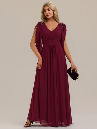 Half Sleeve Deep V-Neck Appliques A-Line Floor Length Evening Dresses