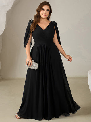 Half Sleeve Deep V-Neck Appliques A-Line Floor Length Evening Dresses
