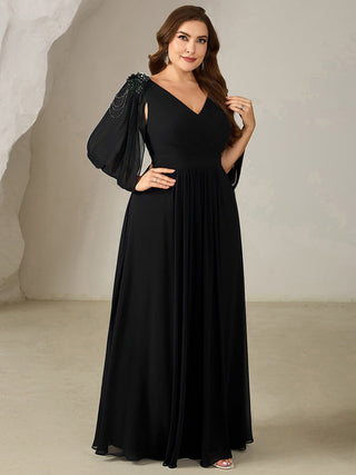Half Sleeve Deep V-Neck Appliques A-Line Floor Length Evening Dresses