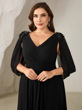 Half Sleeve Deep V-Neck Appliques A-Line Floor Length Evening Dresses