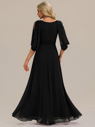 Half Sleeve Deep V-Neck Appliques A-Line Floor Length Evening Dresses