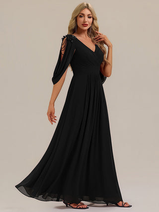 Half Sleeve Deep V-Neck Appliques A-Line Floor Length Evening Dresses