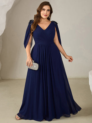 Half Sleeve Deep V-Neck Appliques A-Line Floor Length Evening Dresses