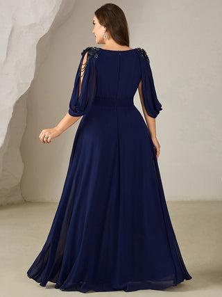 Half Sleeve Deep V-Neck Appliques A-Line Floor Length Evening Dresses