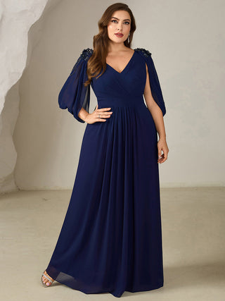 Half Sleeve Deep V-Neck Appliques A-Line Floor Length Evening Dresses