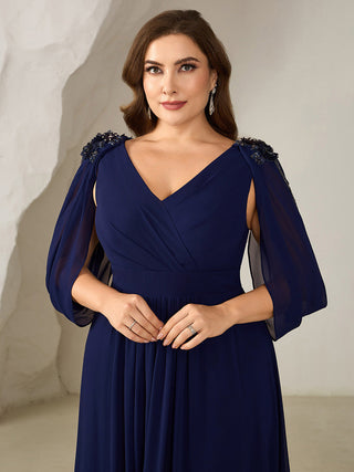 Half Sleeve Deep V-Neck Appliques A-Line Floor Length Evening Dresses