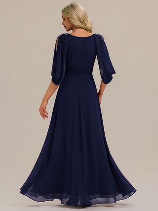 Half Sleeve Deep V-Neck Appliques A-Line Floor Length Evening Dresses