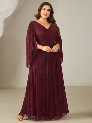 Long Sleeve Batwing Deep V-Neck A-Line Floor Length Evening Dresses