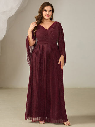 Long Sleeve Batwing Deep V-Neck A-Line Floor Length Evening Dresses