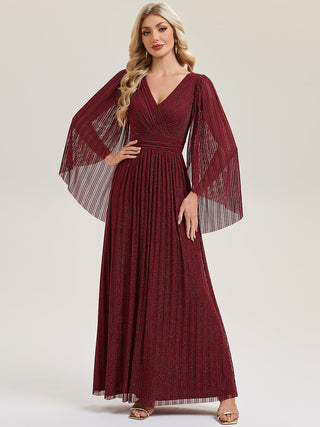 Long Sleeve Batwing Deep V-Neck A-Line Floor Length Evening Dresses