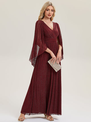 Long Sleeve Batwing Deep V-Neck A-Line Floor Length Evening Dresses