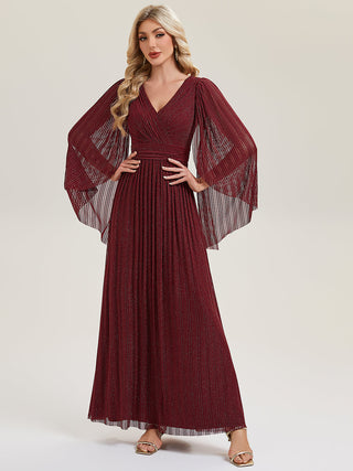 Long Sleeve Batwing Deep V-Neck A-Line Floor Length Evening Dresses