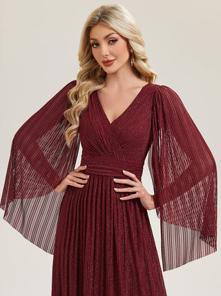 Long Sleeve Batwing Deep V-Neck A-Line Floor Length Evening Dresses