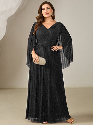 Long Sleeve Batwing Deep V-Neck A-Line Floor Length Evening Dresses