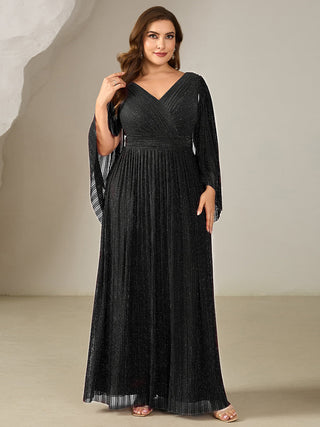 Long Sleeve Batwing Deep V-Neck A-Line Floor Length Evening Dresses