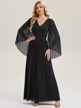 Long Sleeve Batwing Deep V-Neck A-Line Floor Length Evening Dresses