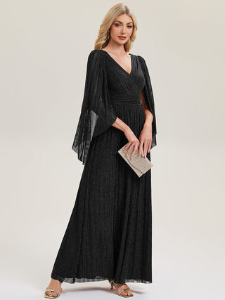 Long Sleeve Batwing Deep V-Neck A-Line Floor Length Evening Dresses