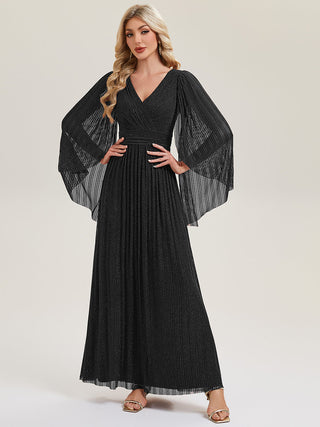 Long Sleeve Batwing Deep V-Neck A-Line Floor Length Evening Dresses