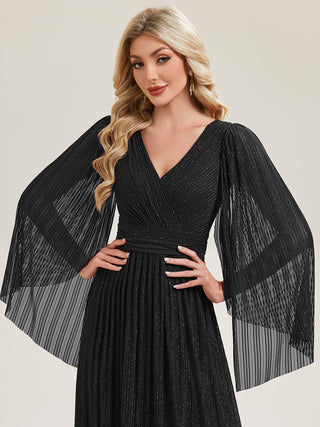 Long Sleeve Batwing Deep V-Neck A-Line Floor Length Evening Dresses