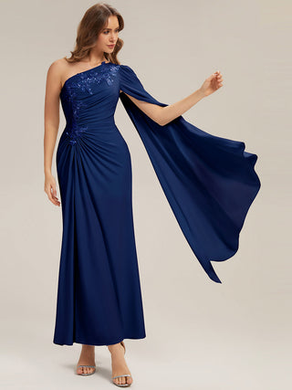 Long Sleeve Cape Sheath High Stretch One-Shoulder Evening Dresses